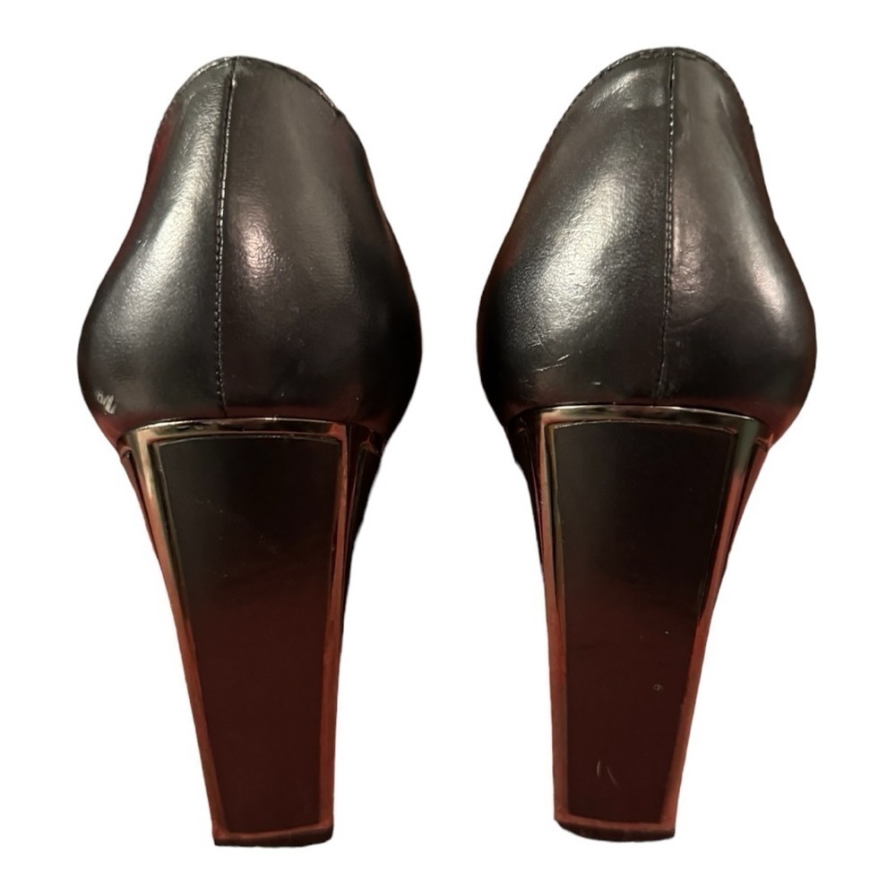 Stuart Weitzman Black Leather Pumps with Silver Accent Block Heel, Size 9 - Picture 6 of 12